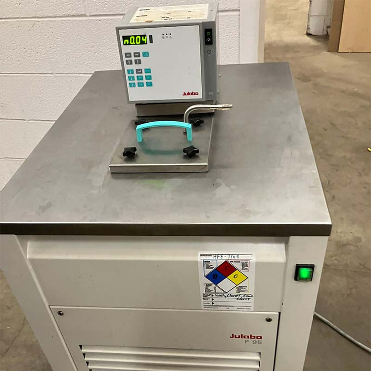 Julabo chiller with digital display and Julabo logo on a metal surface.