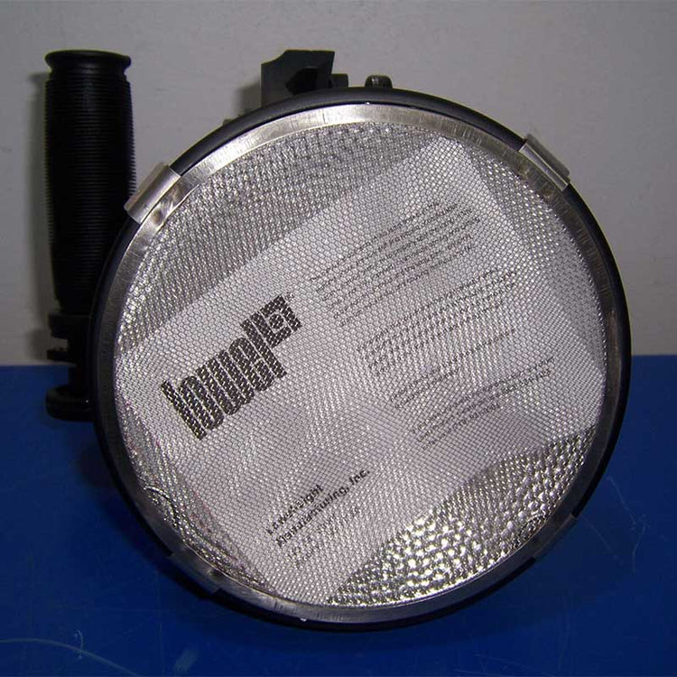 Round metallic filter with a brand logo on a blue surface