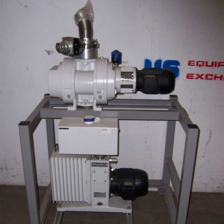 Balzers vacuum pump package on a stand with a white wall background