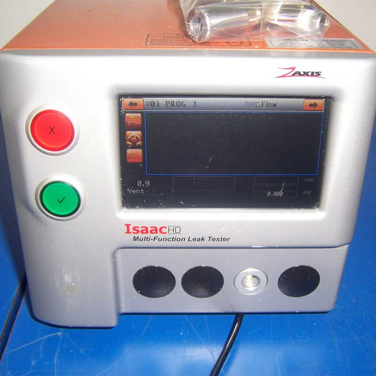 Isaac HD multi-function leak tester with digital display on a blue surface